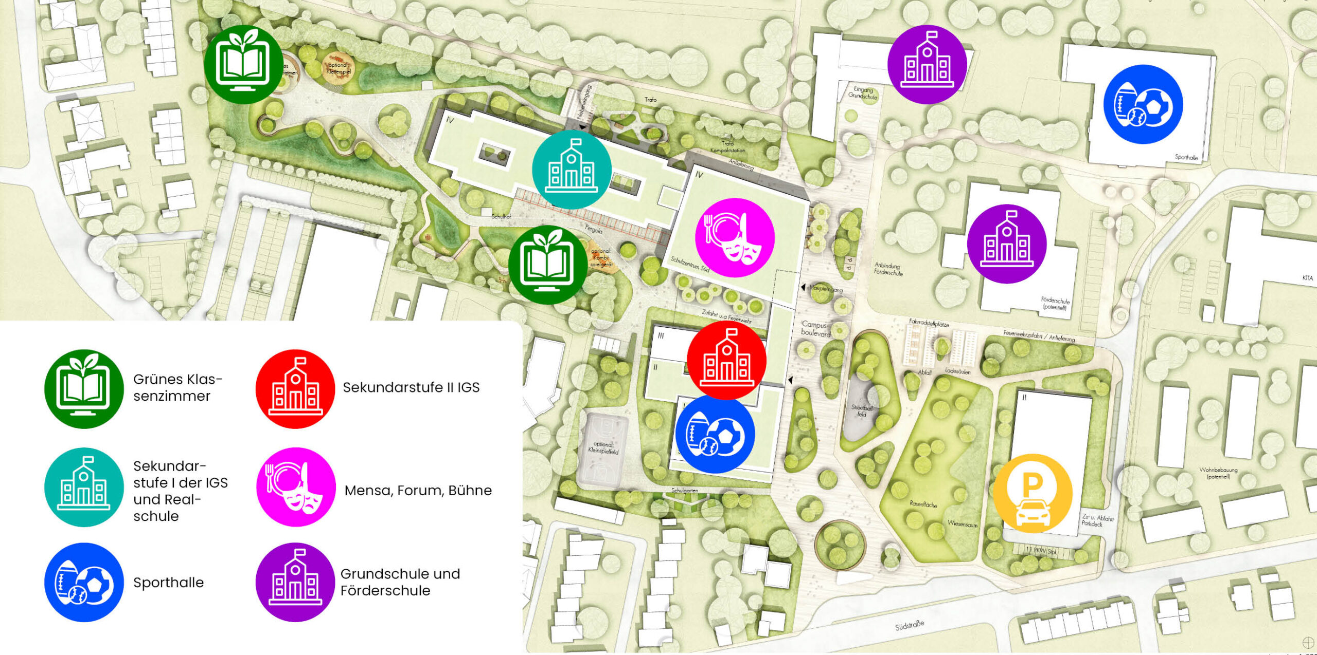 Lageplan des Schulcampus Süd in Lehrte mit den Standorten von IGS, Realschule, Grundschule, Sporthalle, Mensa und Forumsgebäude auf dem neu entstehenden Schulcampus.